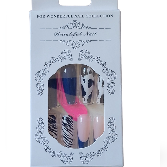 DIY Beautiful Nail Shiny Navy Blue Black/White Designs Press On Nails 24pcs - Picture 2 of 4